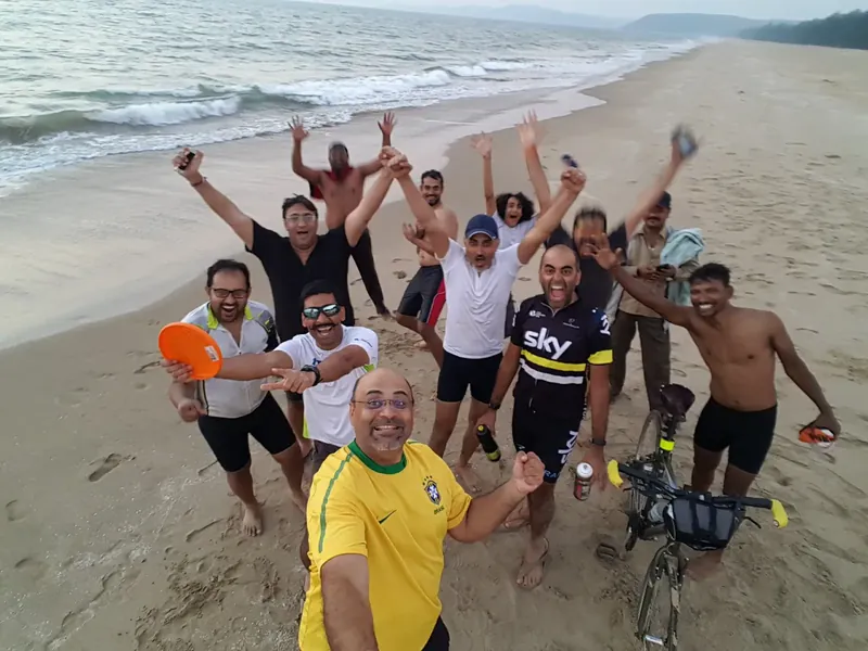 Finish line celebration at a beach near Gokarna. That tour, we rode from Chikmagalur to Gokarna via Kudremukh and Sagar