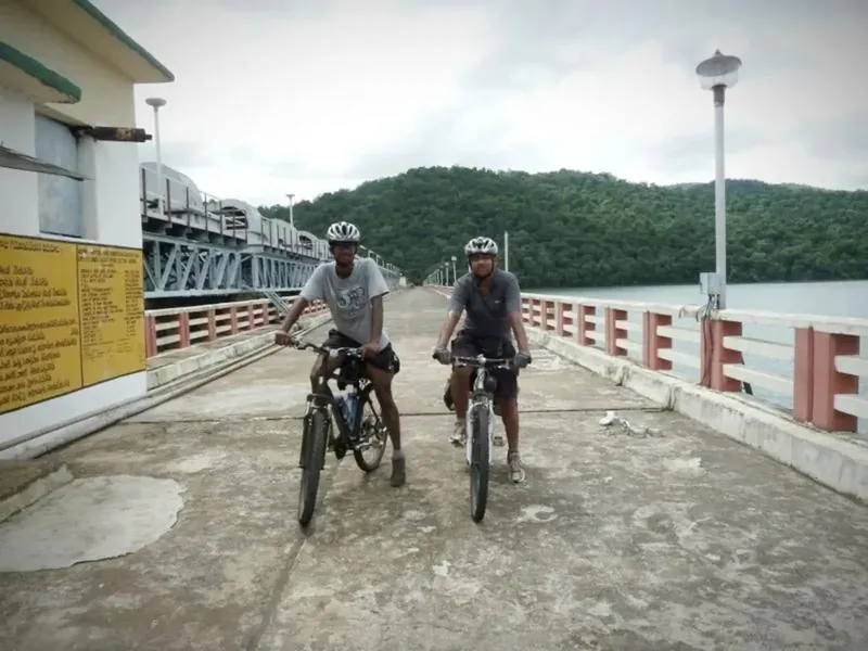 Krish and Chandu on Donkarai Dam on their self supported tour of Eastern Ghats