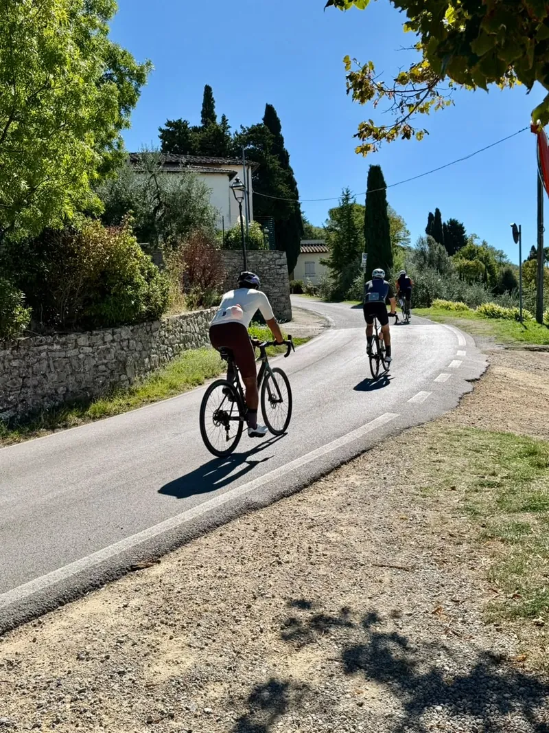 Two riders on a road past a stone wall and cypress trees